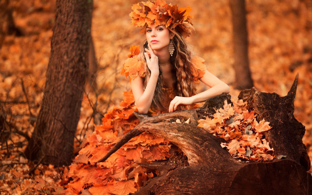Woman leaf wreath woods autumn free wallpaper for desktop - medium preview image