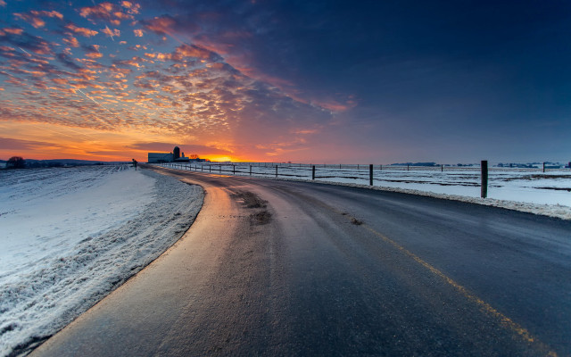 Sunset fence road building snow free wallpaper for desktop - medium preview image
