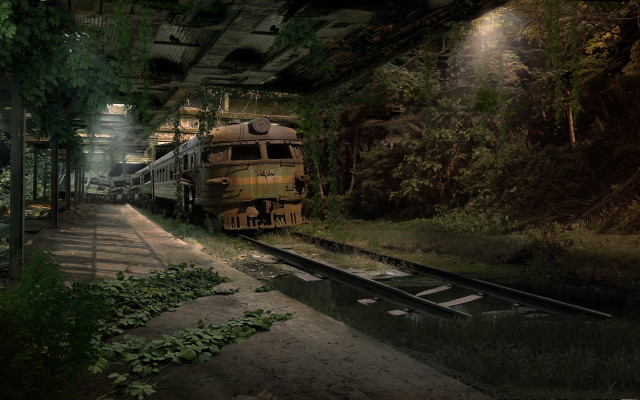 Train station overgrown matte painting free wallpaper for desktop - medium preview image