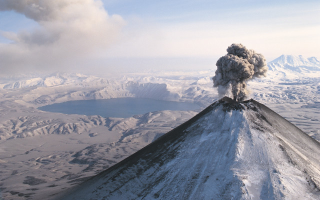 Volcano smoke mountain lake sky free wallpaper for desktop - medium preview image