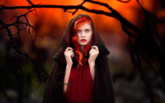 Red haired woman gothic forest free wallpaper for desktop - medium preview image