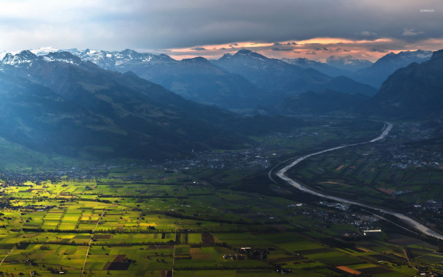 Valley road mountains sunset sky free wallpaper for desktop - medium preview image