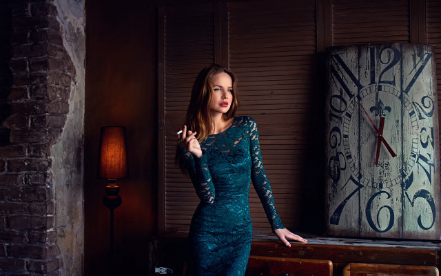 Woman blue dress smoking clock free wallpaper for desktop - medium preview image