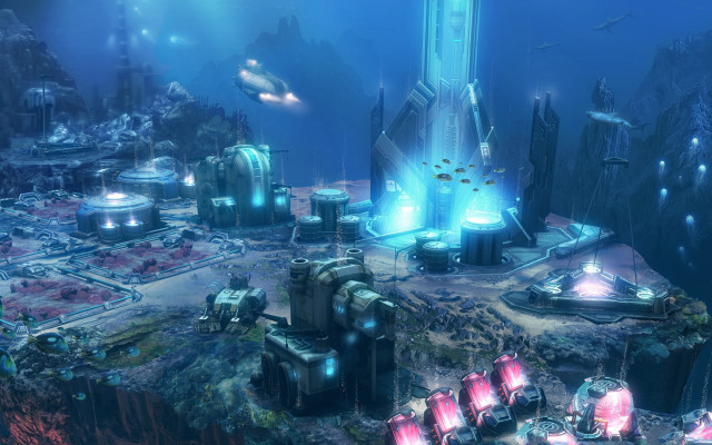 Futuristic city building lights underwater free wallpaper for desktop - medium preview image