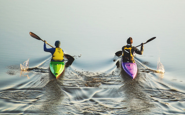 Kayaks paddling lake people raising free wallpaper for desktop - medium preview image