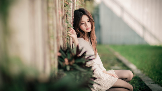 Woman sitting wall plant bokeh free wallpaper for desktop - medium preview image