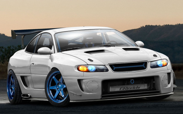 White car blue rims dusk free wallpaper for desktop - medium preview image