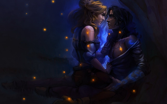 Cave fireflies twowomen bareshoulders fantasy free wallpaper for desktop - medium preview image