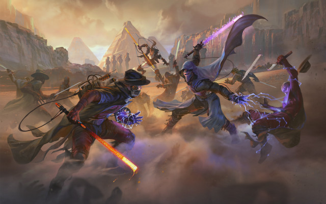 Desert fantasy armor swords mountains free wallpaper for desktop - medium preview image