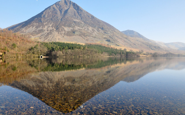 Mountain reflection lake hut symmetry #2 free wallpaper for desktop - medium preview image
