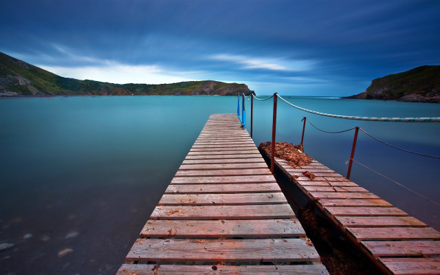 Wooden dock night mountains cloudy free wallpaper for desktop - medium preview image