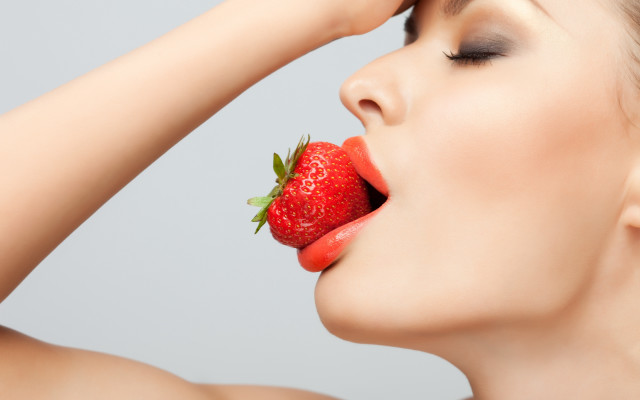 Woman strawberry licking closeup food free wallpaper for desktop - medium preview image