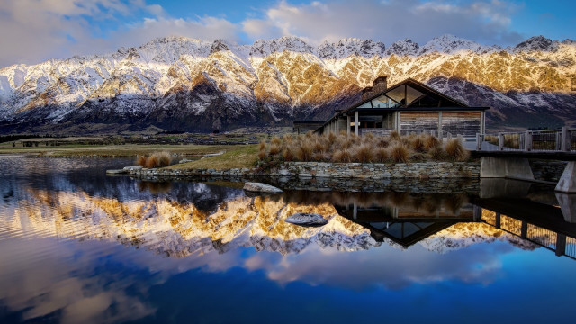 House island lake mountains sky free wallpaper for desktop - medium preview image