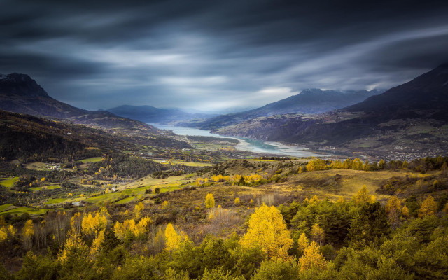Valley river mountains cloudy sky free wallpaper for desktop - medium preview image