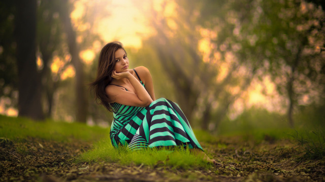 Woman forest sitting blurry green free wallpaper for desktop - medium preview image