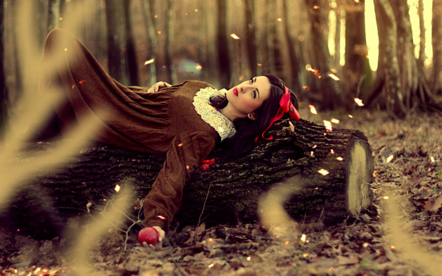 Woman lying woods red scarf free wallpaper for desktop - medium preview image