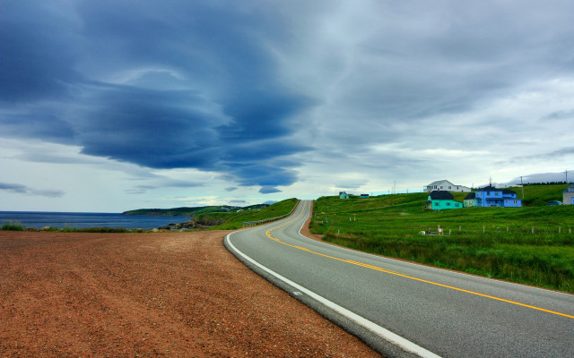 Road clouds grassy hill house free wallpaper for desktop - medium preview image