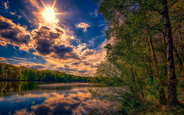 Lake forest sunset clouds tree free wallpaper for desktop - medium preview image
