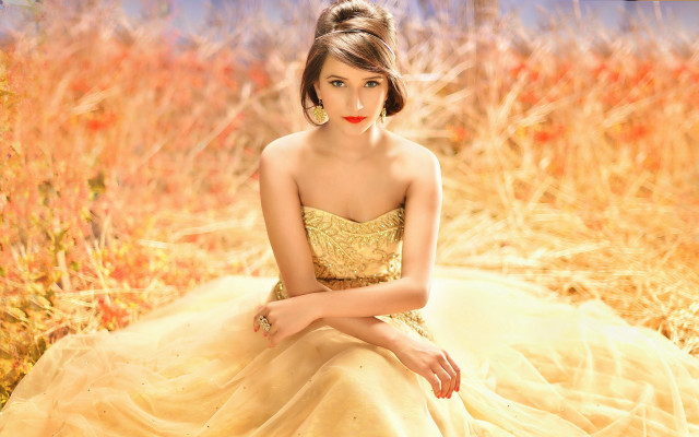 Woman yellow dress field autumn free wallpaper for desktop - medium preview image