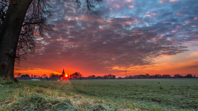Sunset field tree church red free wallpaper for desktop - medium preview image