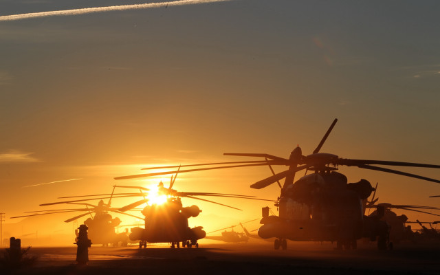Military helicopters sunset contrails backlit free wallpaper for desktop - medium preview image