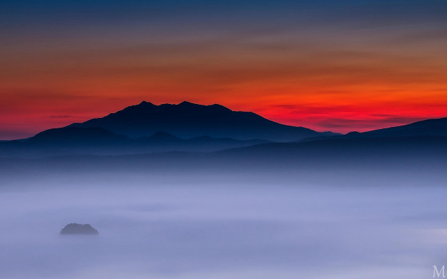 Mountain foggy sunset red sky free wallpaper for desktop - medium preview image