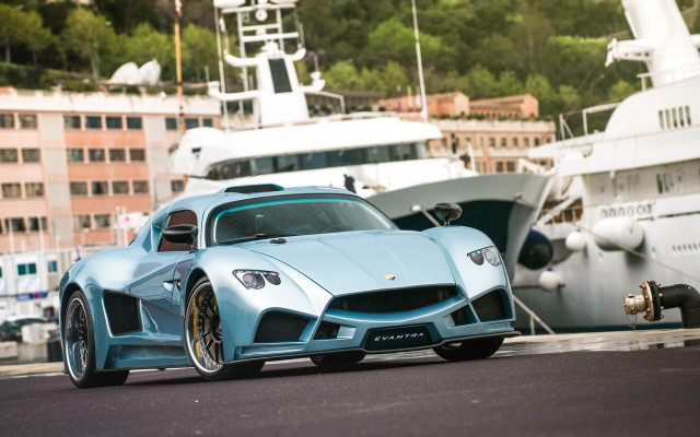 Blue sports car harbor yacht free wallpaper for desktop - medium preview image