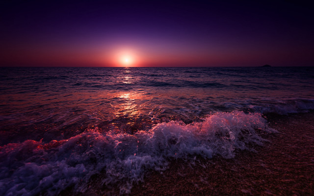 Sunset ocean waves island mountain free wallpaper for desktop - medium preview image