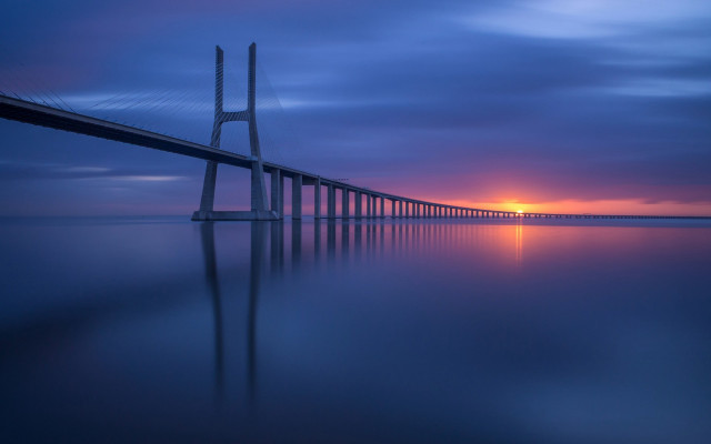 Long bridge sunset water orange free wallpaper for desktop - medium preview image