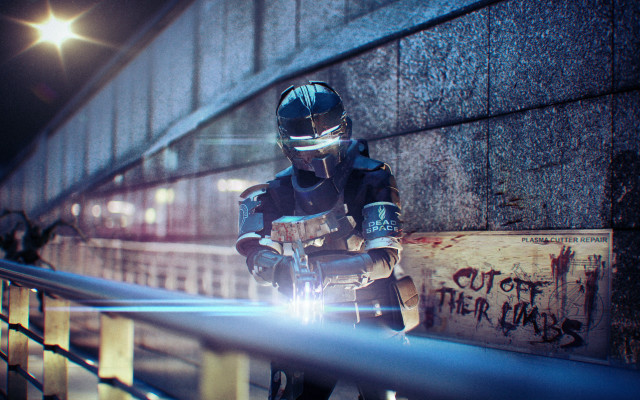 Futuristic welding man cyberpunk wall free wallpaper for desktop - medium preview image