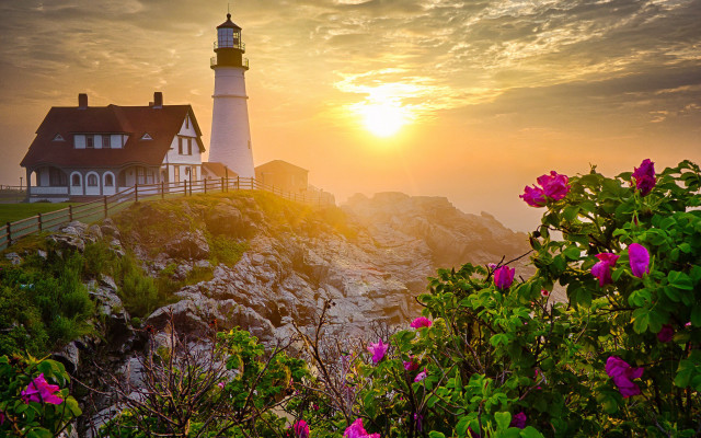 Lighthouse rockycliff sunset flowers house free wallpaper for desktop - medium preview image
