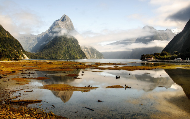 Mountain lake birds clouds sunset free wallpaper for desktop - medium preview image