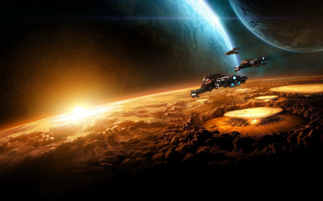 Space ships over planet sunset free wallpaper for desktop - medium preview image