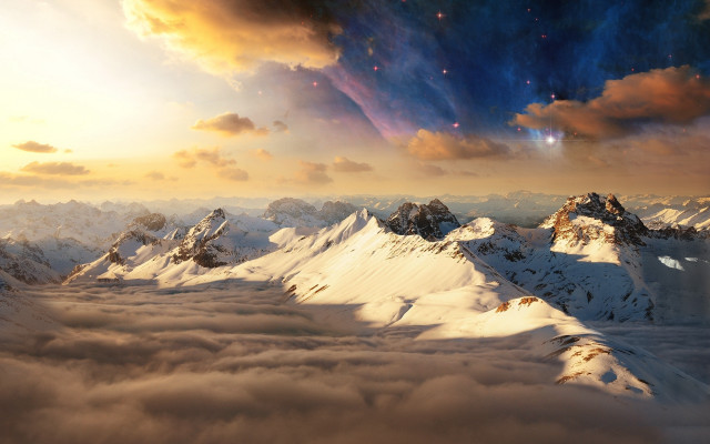 Mountain range clouds stars bright free wallpaper for desktop - medium preview image
