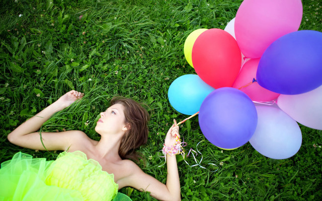 Woman balloons grass outdoors nature free wallpaper for desktop - medium preview image