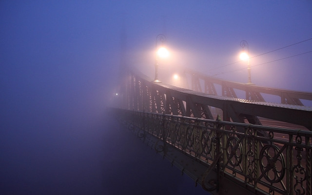 Bridge foggy night city lights free wallpaper for desktop - medium preview image