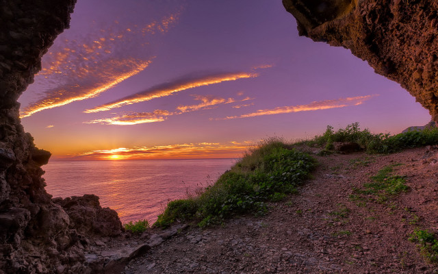 Sunset coast cave cliff magic free wallpaper for desktop - medium preview image