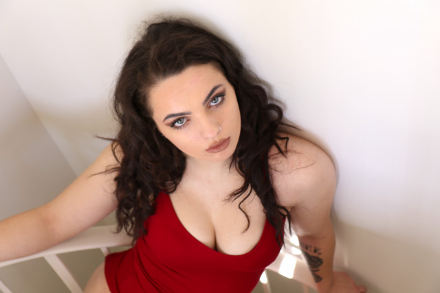 Red dress woman knife tattoo free wallpaper for desktop - medium preview image