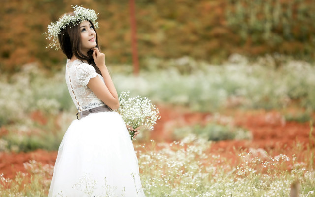 Woman white dress flower field free wallpaper for desktop - medium preview image