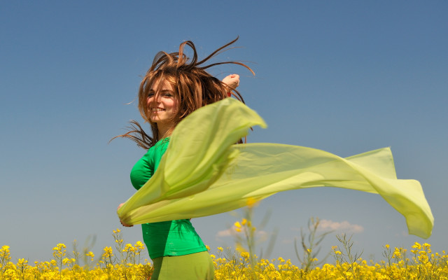 Woman field yellowflowers greenscarf smiling free wallpaper for desktop - medium preview image