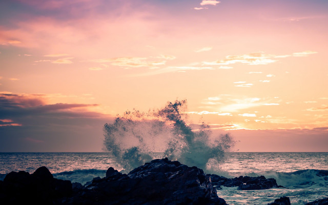 Wave rocks ocean sunset pink free wallpaper for desktop - medium preview image