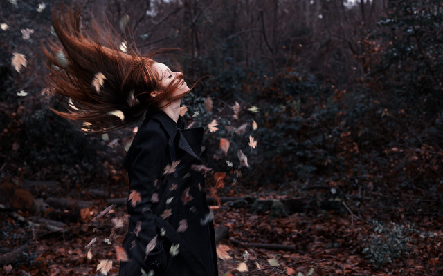 Woman long hair woods leaves free wallpaper for desktop - medium preview image