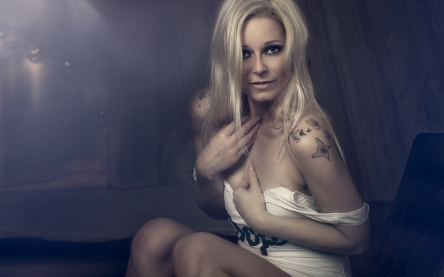 Woman white dress tattoo portrait free wallpaper for desktop - medium preview image
