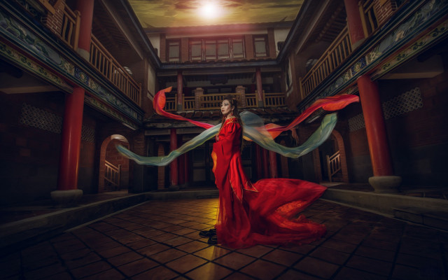 Woman red dress library architecture free wallpaper for desktop - medium preview image
