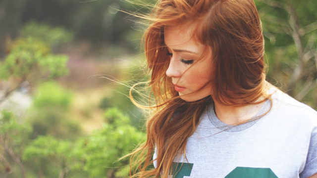 Red haired woman forest cellphone free wallpaper for desktop - medium preview image