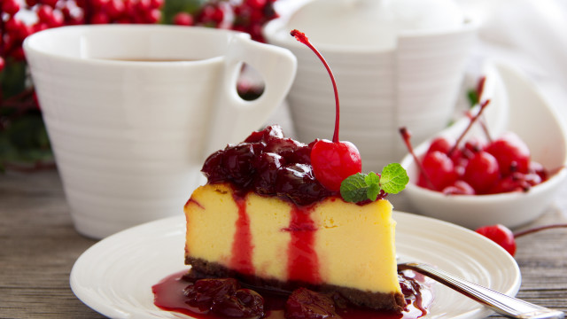 Cheesecake cherries plate tea fork free wallpaper for desktop - medium preview image