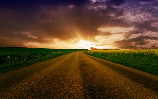 Road grass sky clouds sunset free wallpaper for desktop - medium preview image