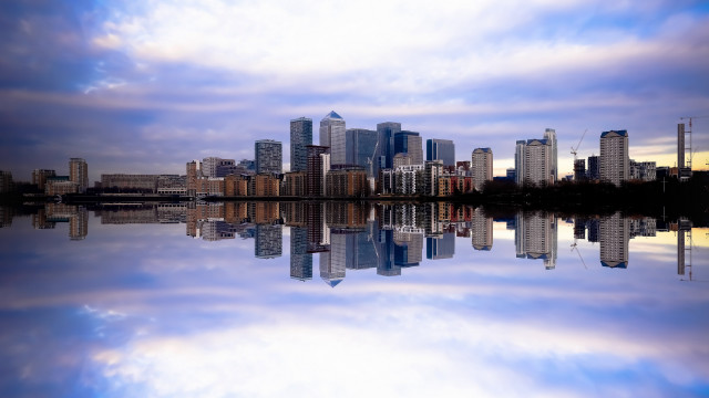 City skyline reflection lake sunset free wallpaper for desktop - medium preview image