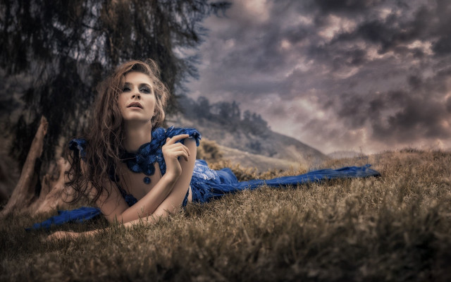 Woman blue dress field tree free wallpaper for desktop - medium preview image