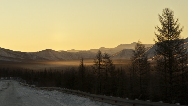 Mountain road fog trees sunset free wallpaper for desktop - medium preview image